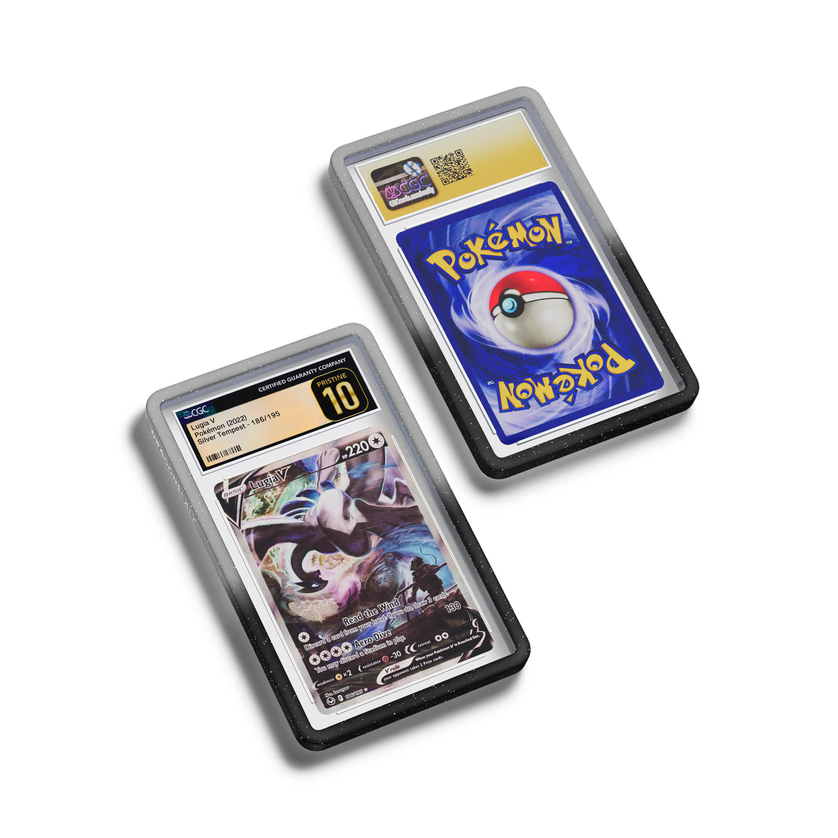 Top-down flat view of a CGC slab in Radiant Midnight Dragonscale bumper guard, featuring a Lugia V Silver Tempest CGC 10 Pokemon card.
