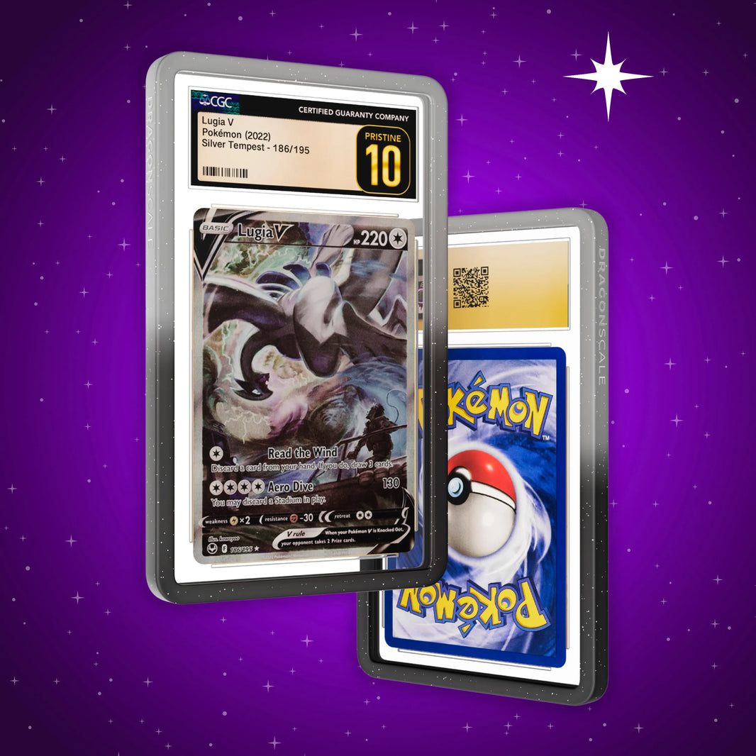 Front and back view of a CGC slab in Radiant Midnight Dragonscale bumper guard, featuring a Lugia V Silver Tempest CGC 10 Pokemon card.
