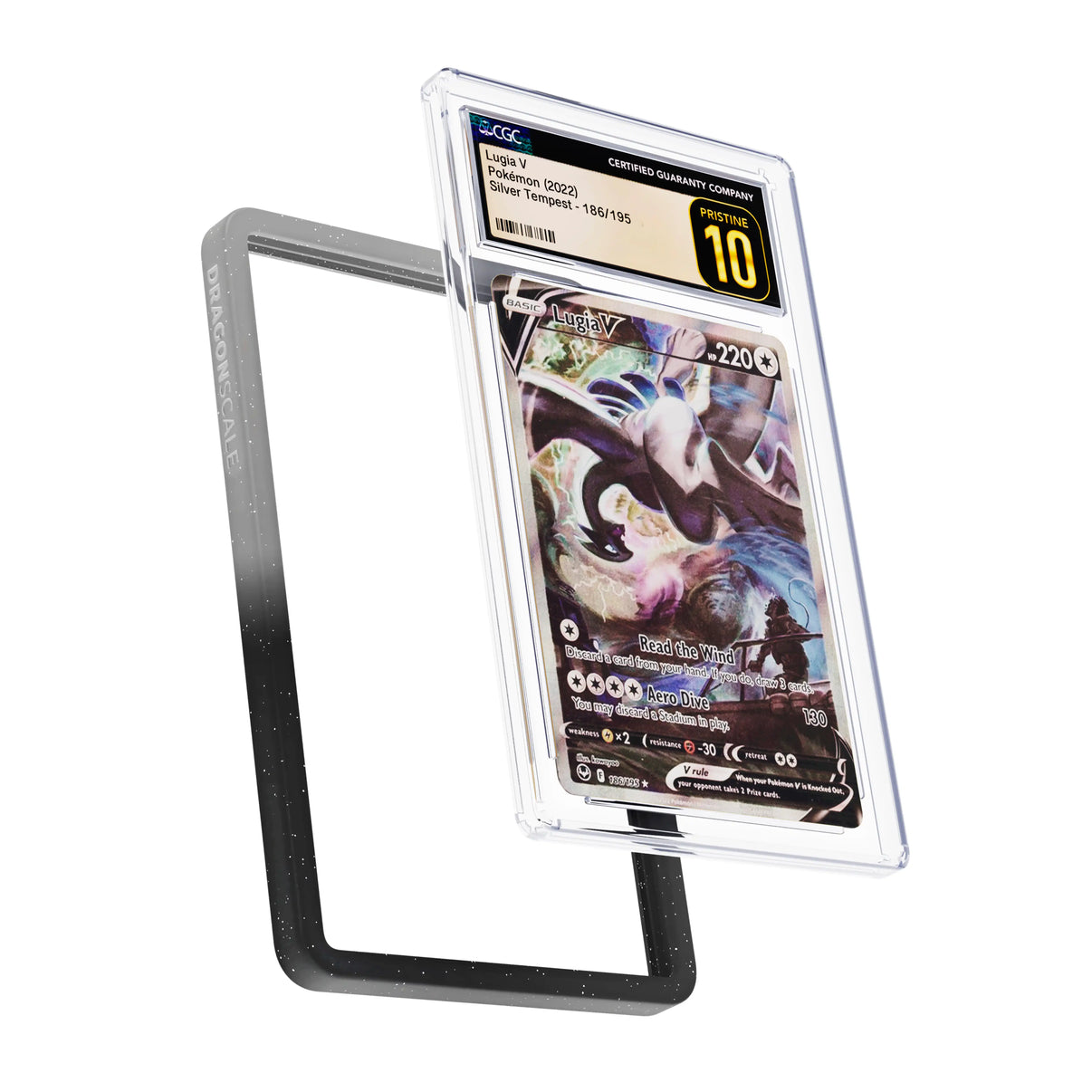 Display and demo view of a CGC slab in Radiant Midnight Dragonscale bumper guard, featuring a Lugia V Silver Tempest CGC 10 Pokemon card.
