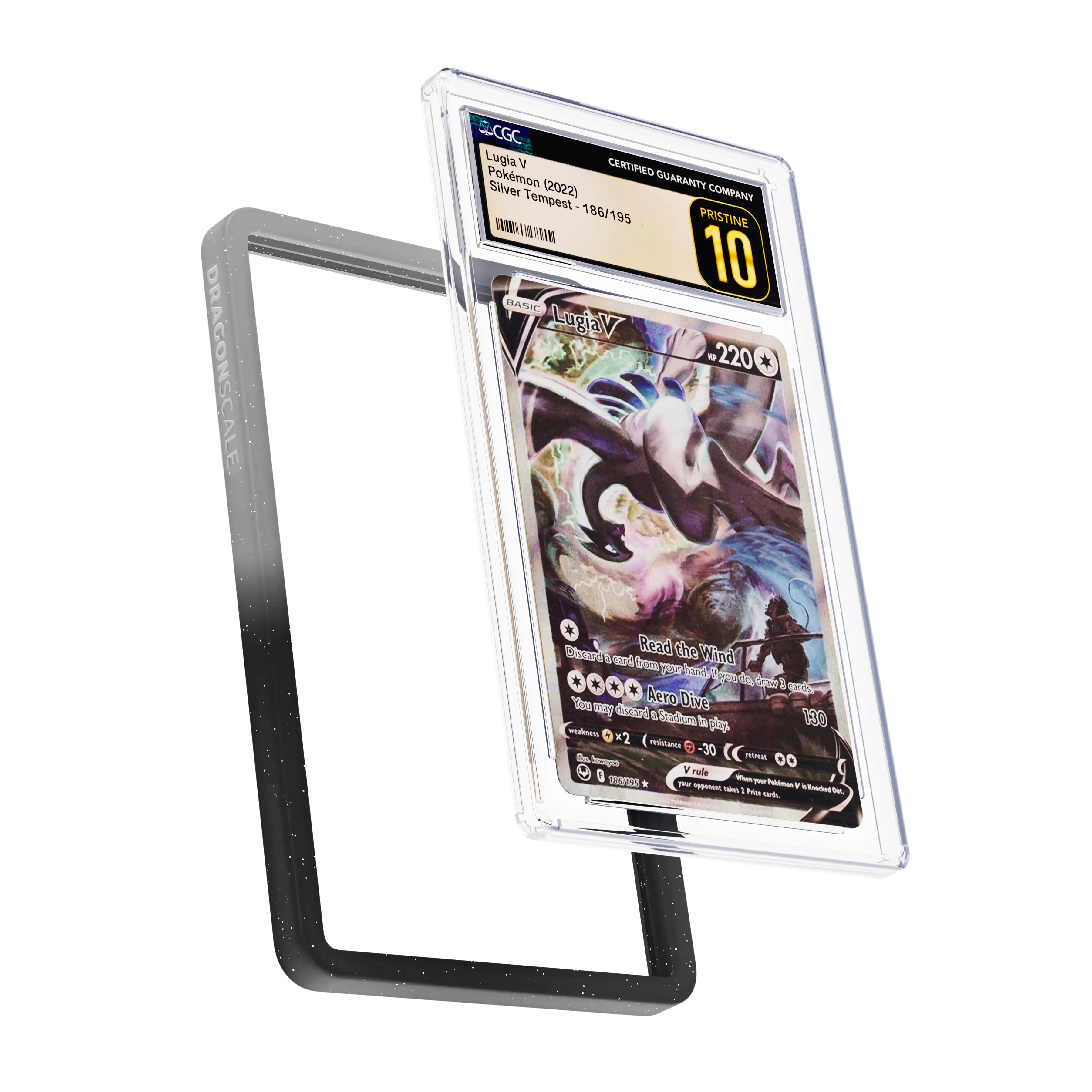 Display and demo view of a CGC slab in Radiant Midnight Dragonscale bumper guard, featuring a Lugia V Silver Tempest CGC 10 Pokemon card.
