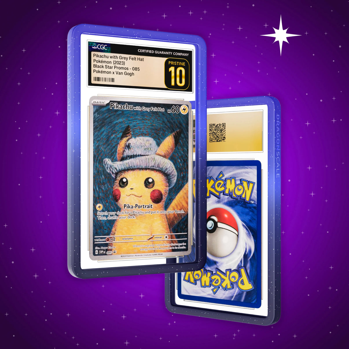 Front and back view of a CGC slab in Radiant Nocturnal Dragonscale bumper guard, featuring a Pikachu With Grey Felt Hat Van Gogh CGC 10 Pokemon card.
