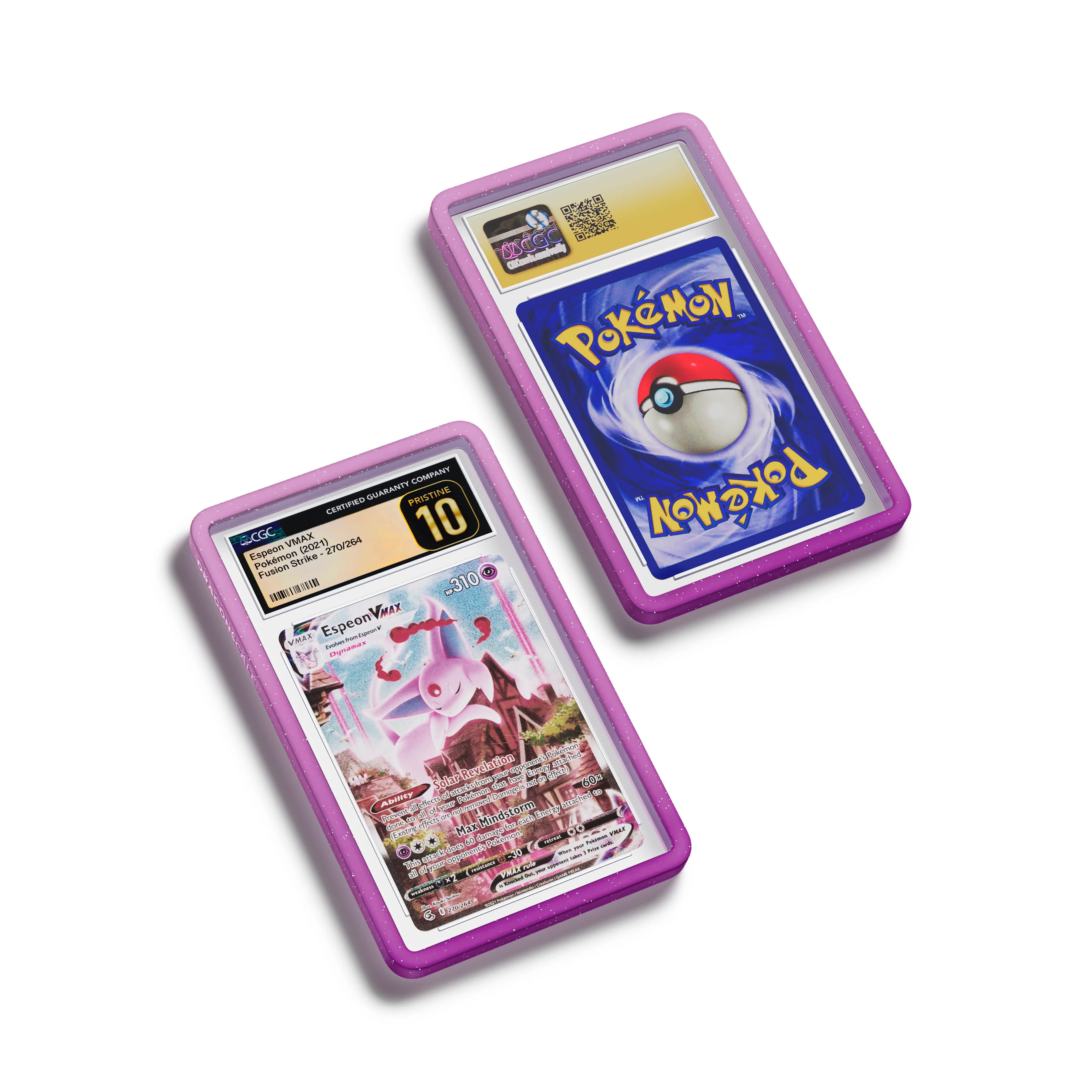 Top-down flat view of a CGC slab in Radiant Phantom Dragonscale bumper guard, featuring an Espeon VMAX Fusion Strike CGC 10 Pokemon card.