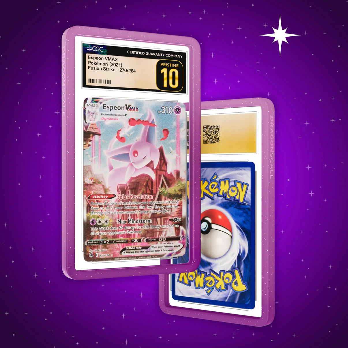 Front and back view of a CGC slab in Radiant Phantom Dragonscale bumper guard, featuring an Espeon VMAX Fusion Strike CGC 10 Pokemon card.