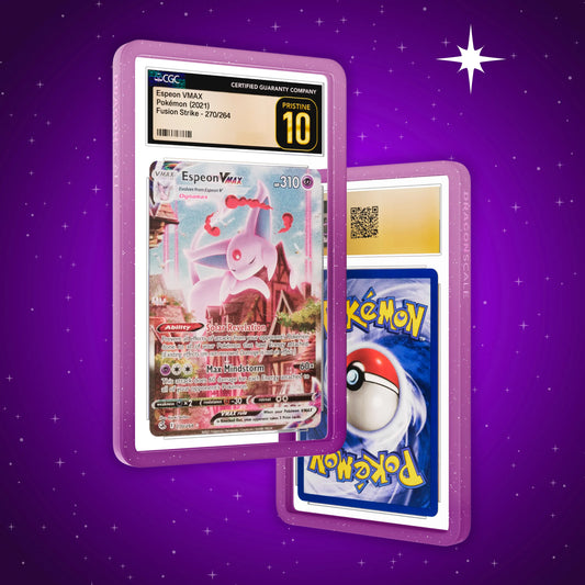 Front and back view of a CGC slab in Radiant Phantom Dragonscale bumper guard, featuring an Espeon VMAX Fusion Strike CGC 10 Pokemon card.