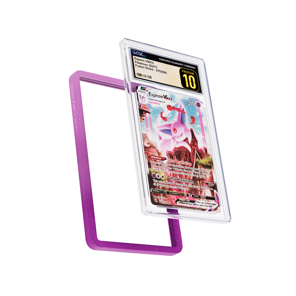 Display and demo view of a CGC slab in Radiant Phantom Dragonscale bumper guard, featuring an Espeon VMAX Fusion Strike CGC 10 Pokemon card.

