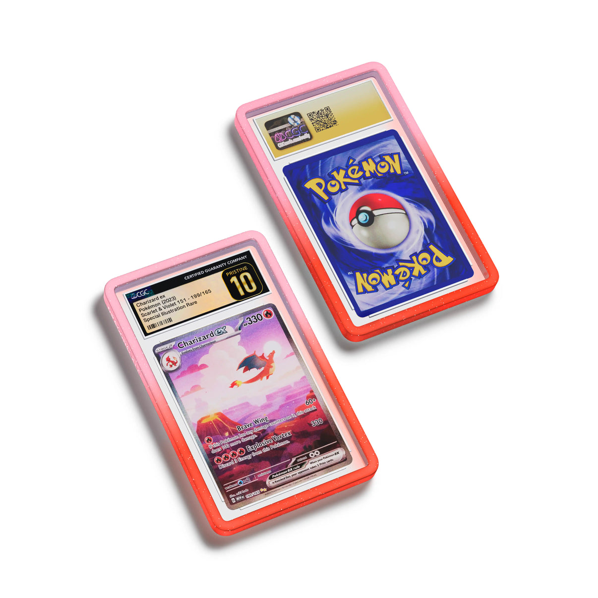 Top-down flat view of a CGC slab in Radiant Phoenix Dragonscale bumper guard, featuring a Charizard EX Mew 151 CGC 10 Pokemon card.
