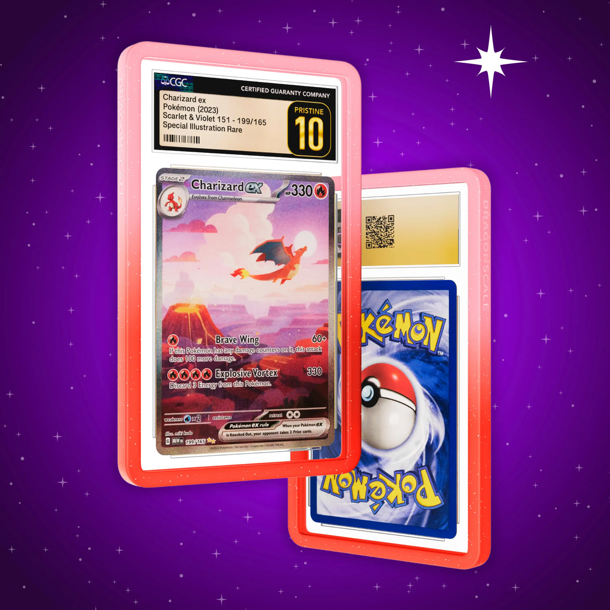 Front and back view of a CGC slab in Radiant Phoenix Dragonscale bumper guard, featuring a Charizard EX Mew 151 CGC 10 Pokemon card.
