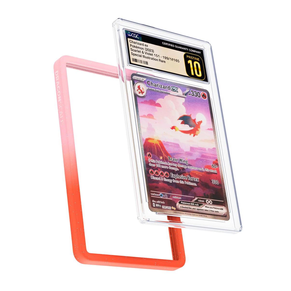 Display and demo view of a CGC slab in Radiant Phoenix Dragonscale bumper guard, featuring a Charizard EX Mew 151 CGC 10 Pokemon card.
