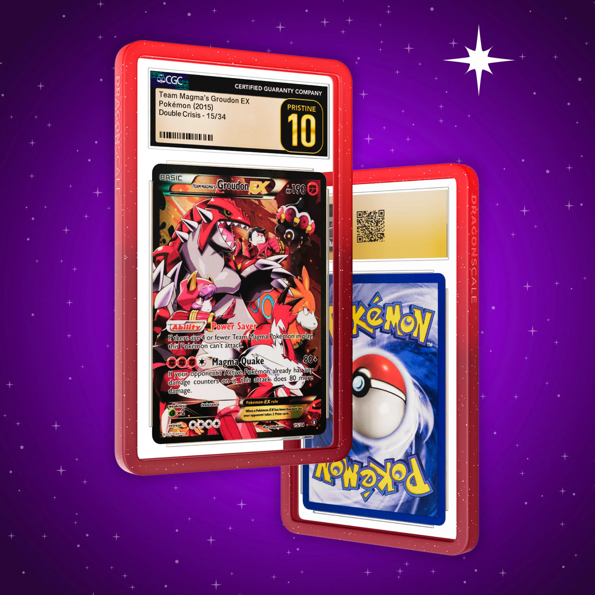 Front and back view of a CGC slab in Radiant Pyro Dragonscale bumper guard, featuring a Team Magmas Groudon Ex CGC 10 Pokemon card.