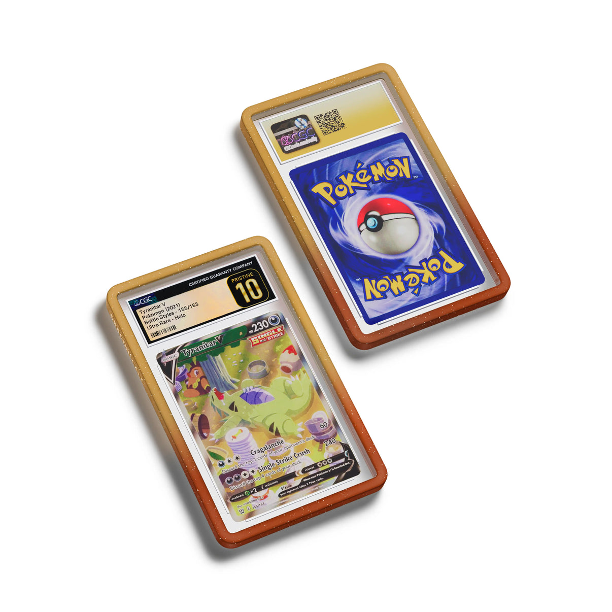 Top-down flat view of a CGC slab in Radiant Sandstorm Dragonscale bumper guard, featuring a Tyranitar V Battle Styles CGC 10 Pokemon card.
