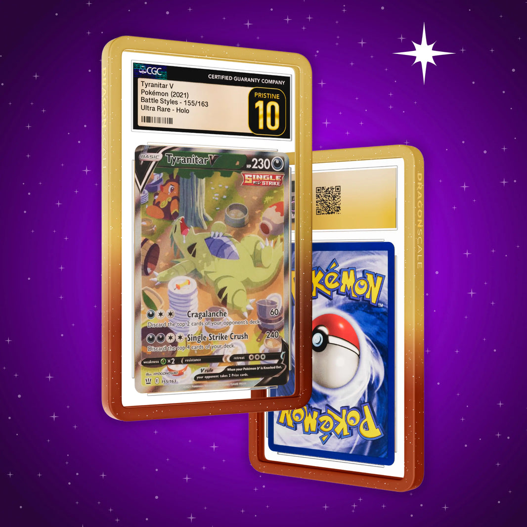 Front and back view of a CGC slab in Radiant Sandstorm Dragonscale bumper guard, featuring a Tyranitar V Battle Styles CGC 10 Pokemon card.
