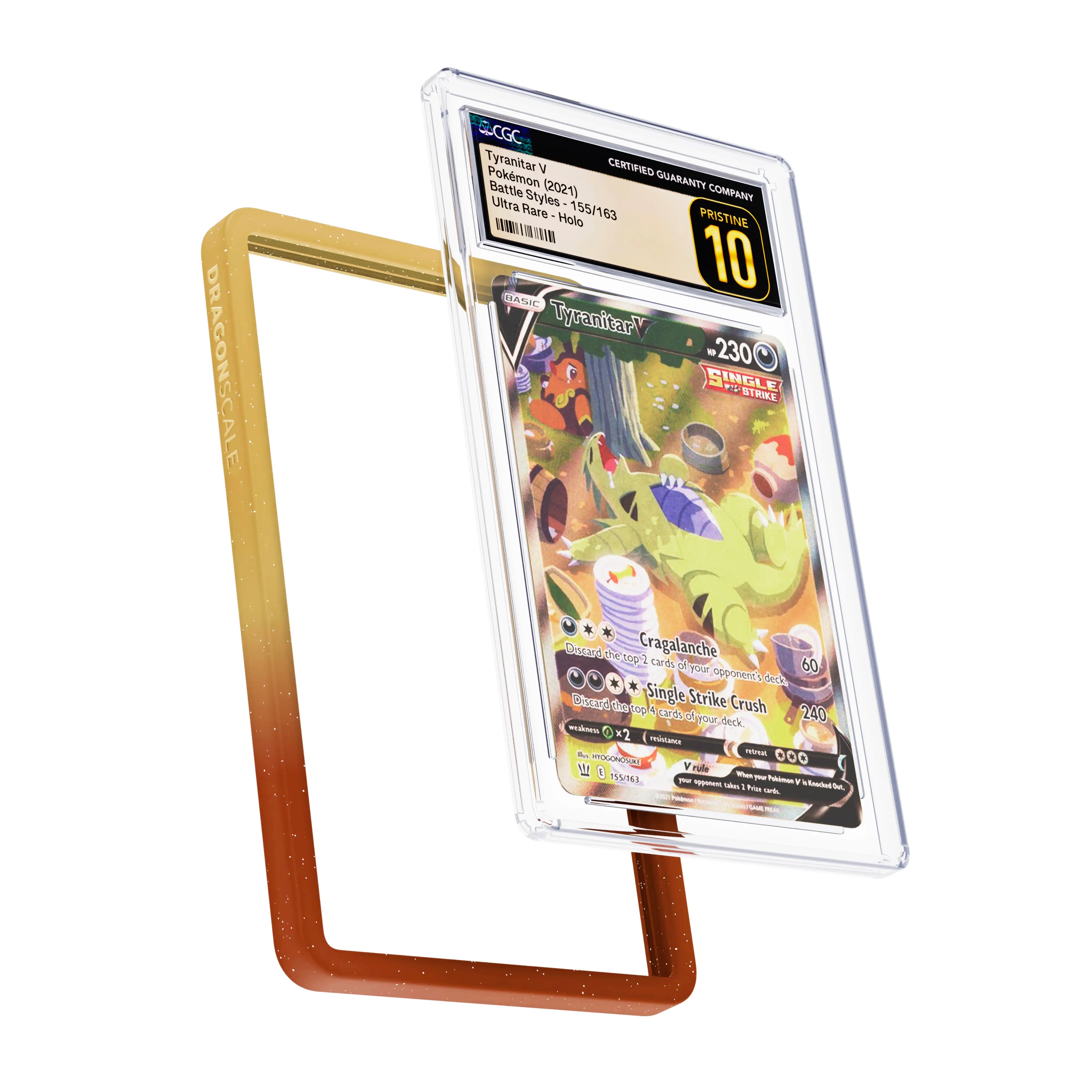 Display and demo view of a CGC slab in Radiant Sandstorm Dragonscale bumper guard, featuring a Tyranitar V Battle Styles CGC 10 Pokemon card.
