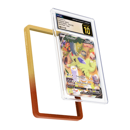 Display and demo view of a CGC slab in Radiant Sandstorm Dragonscale bumper guard, featuring a Tyranitar V Battle Styles CGC 10 Pokemon card.
