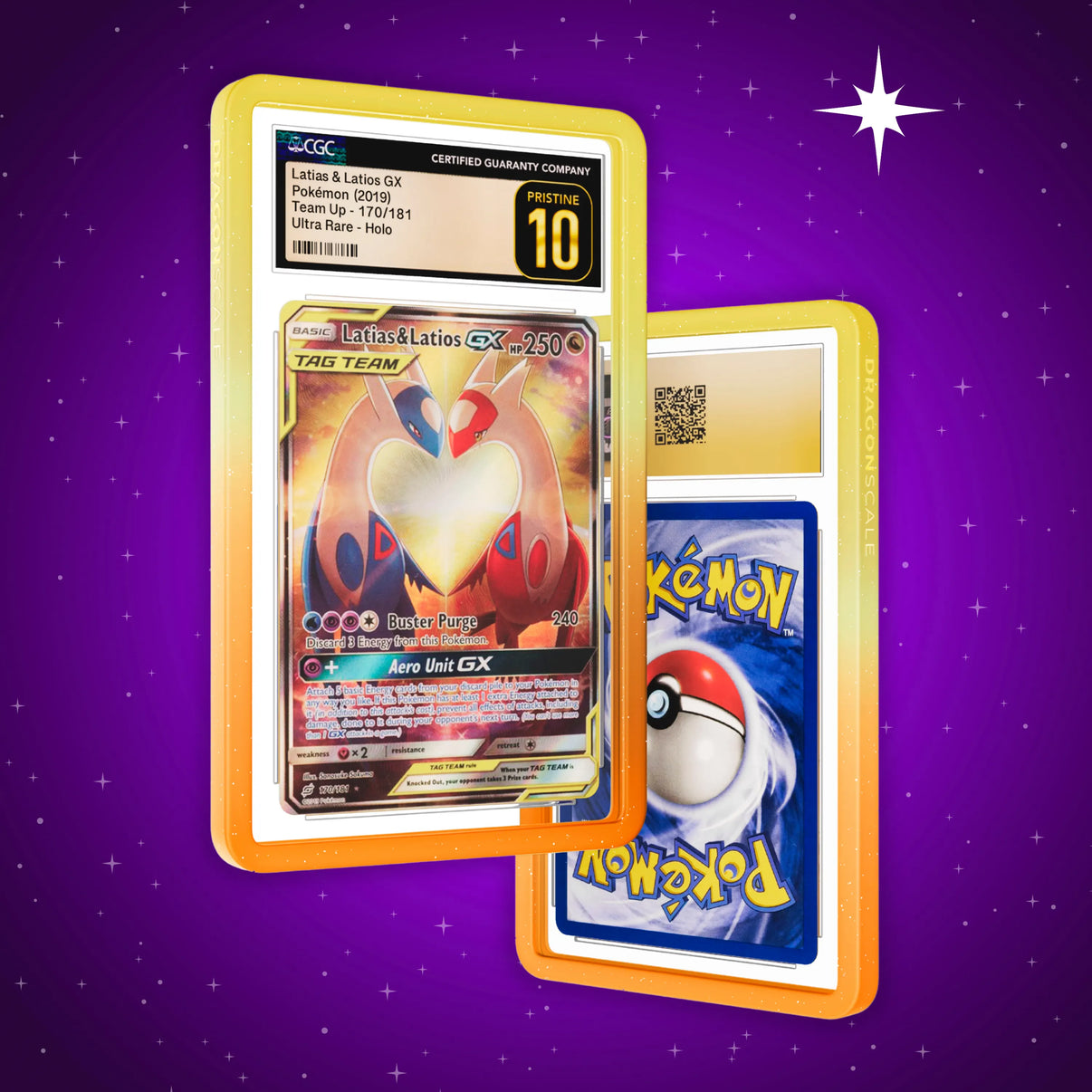 Front and back view of a CGC slab in Radiant Solar Dragonscale bumper guard, featuring a Latias & Latios Gx Sun & Moon Team Up CGC 10 Pokemon card.
