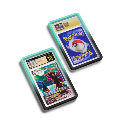 Top-down flat view of a CGC slab in Radiant Spectral Dragonscale bumper guard, featuring a Umbreon VMAX Evolving Skies CGC 10 Pokemon card.
