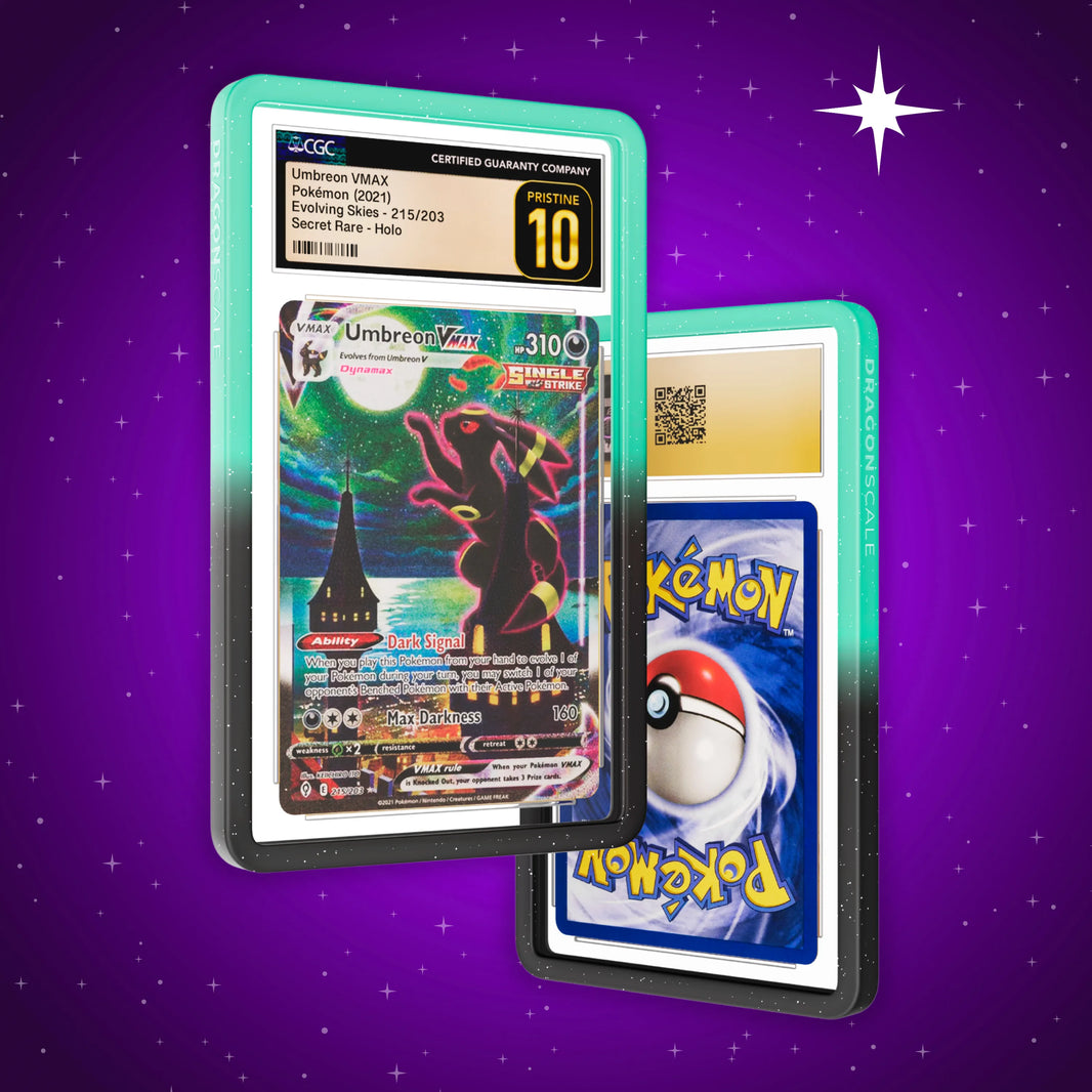 Front and back view of a CGC slab in Radiant Spectral Dragonscale bumper guard, featuring a Umbreon VMAX Evolving Skies CGC 10 Pokemon card.
