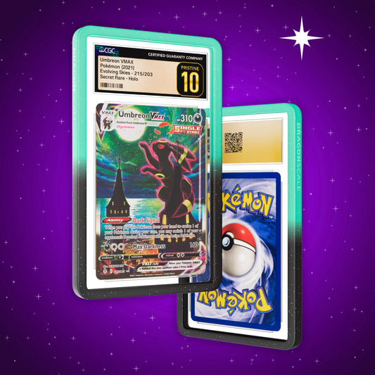 Front and back view of a CGC slab in Radiant Spectral Dragonscale bumper guard, featuring a Umbreon VMAX Evolving Skies CGC 10 Pokemon card.
