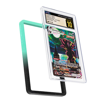 Display and demo view of a CGC slab in Radiant Spectral Dragonscale bumper guard, featuring a Umbreon VMAX Evolving Skies CGC 10 Pokemon card.
