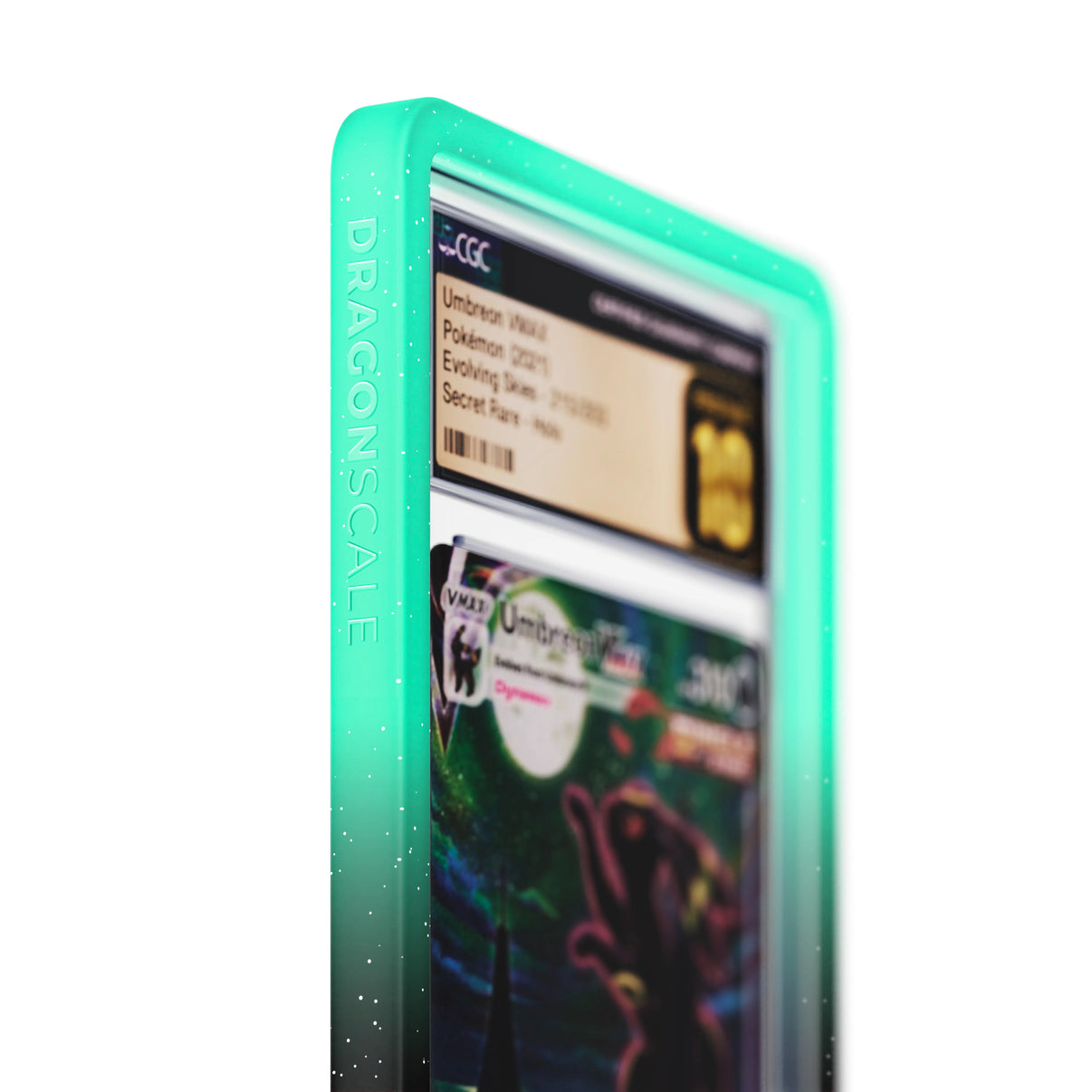 Close up logo zoom view of a CGC slab in Radiant Spectral Dragonscale bumper guard, featuring a Umbreon VMAX Evolving Skies CGC 10 Pokemon card.
