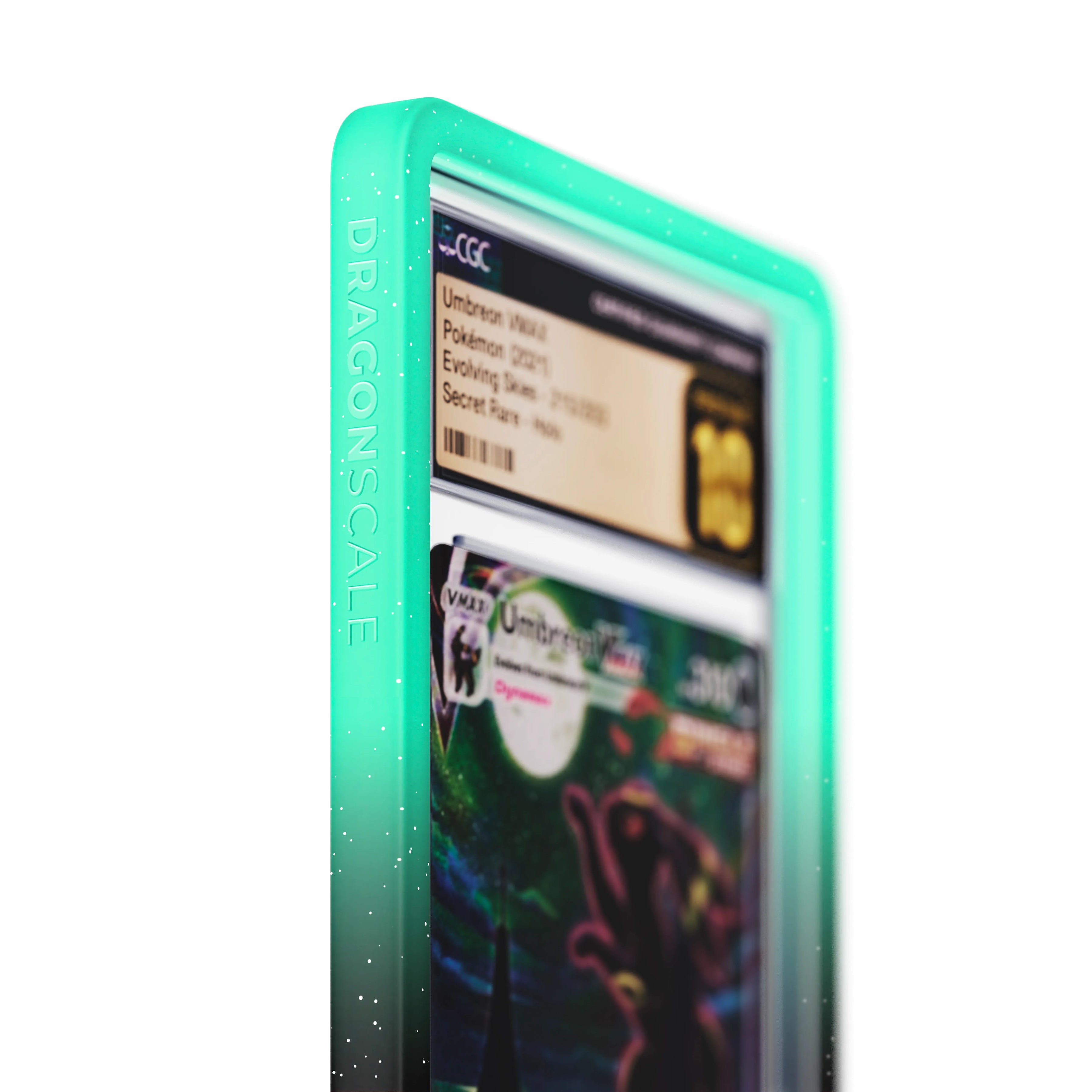 Close up logo zoom view of a CGC slab in Radiant Spectral Dragonscale bumper guard, featuring a Umbreon VMAX Evolving Skies CGC 10 Pokemon card.
