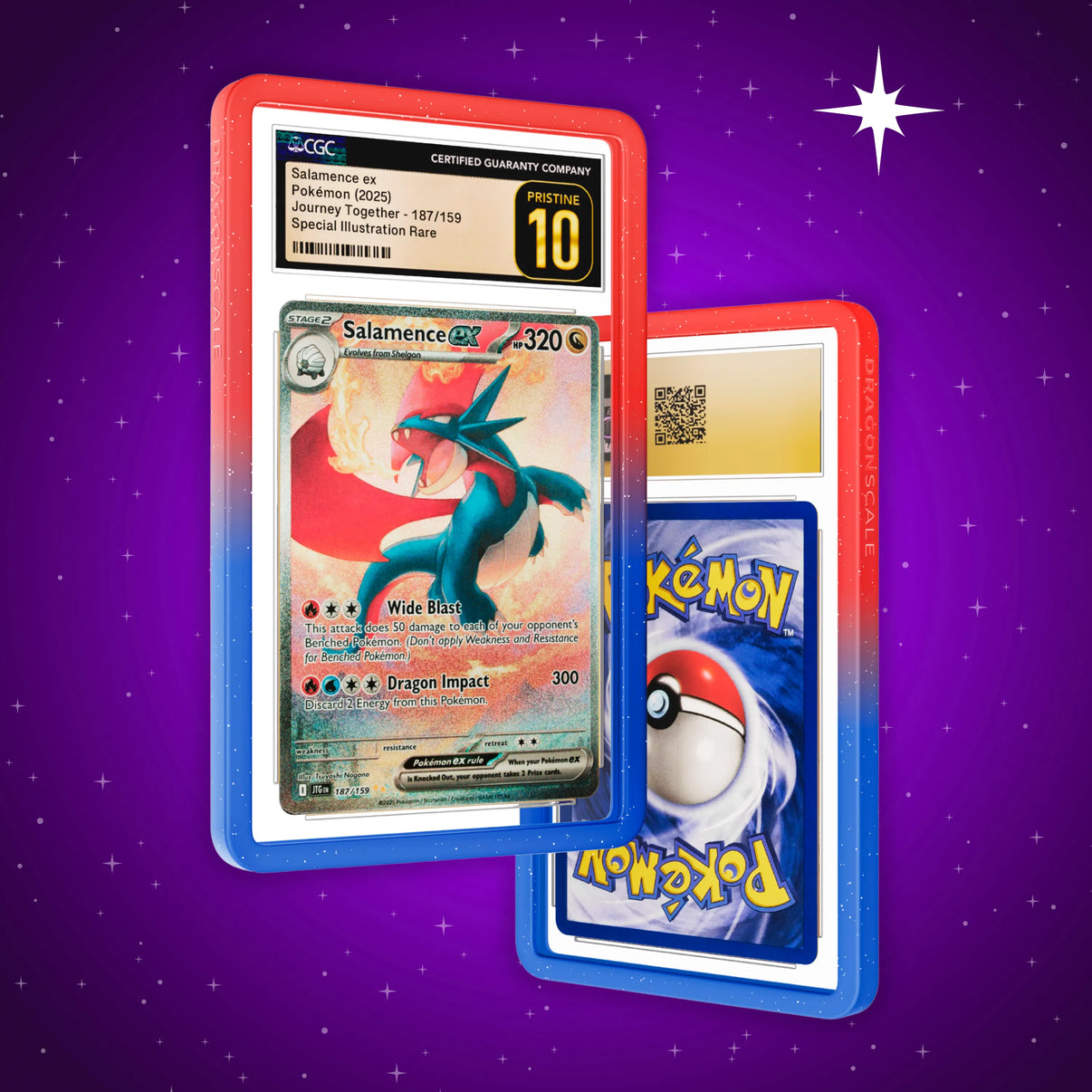 Front and back view of a CGC slab in Radiant Tempest Dragonscale bumper guard, featuring a Salamence EX Journey Together CGC 10 Pokemon card.