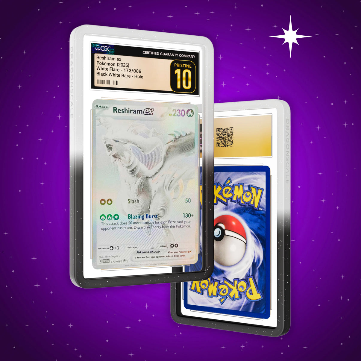Front and back view of a CGC slab in Radiant Twilight Dragonscale bumper guard, featuring a Reshiram EX  White Flare CGC 10 Pokemon card.
