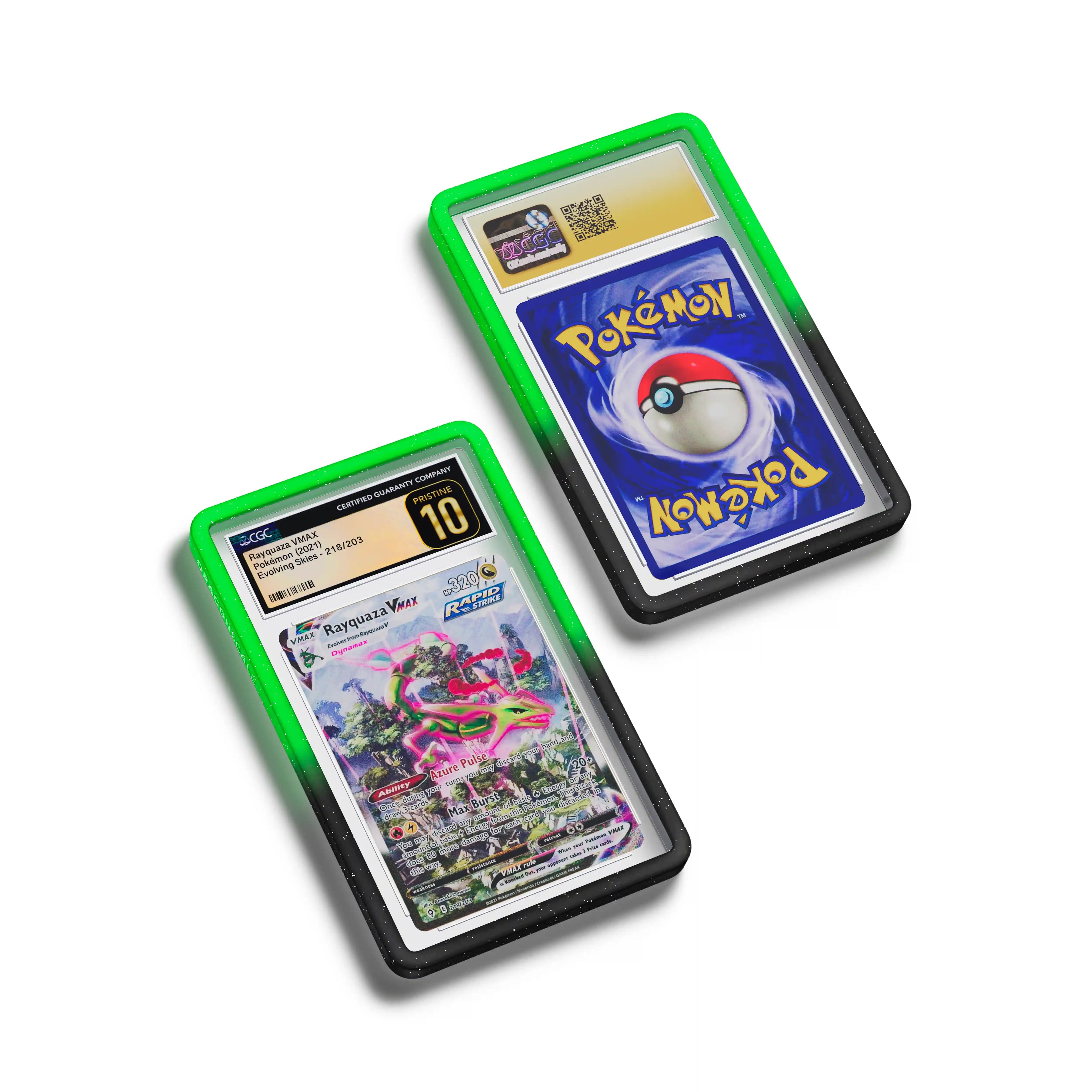 Top-down flat view of a CGC slab in Radiant Venom Dragonscale bumper guard, featuring a Rayquaza VMAX Evolving Skies CGC 10 Pokemon card.
