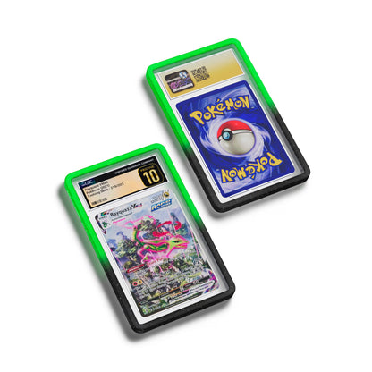 Top-down flat view of a CGC slab in Radiant Venom Dragonscale bumper guard, featuring a Rayquaza VMAX Evolving Skies CGC 10 Pokemon card.
