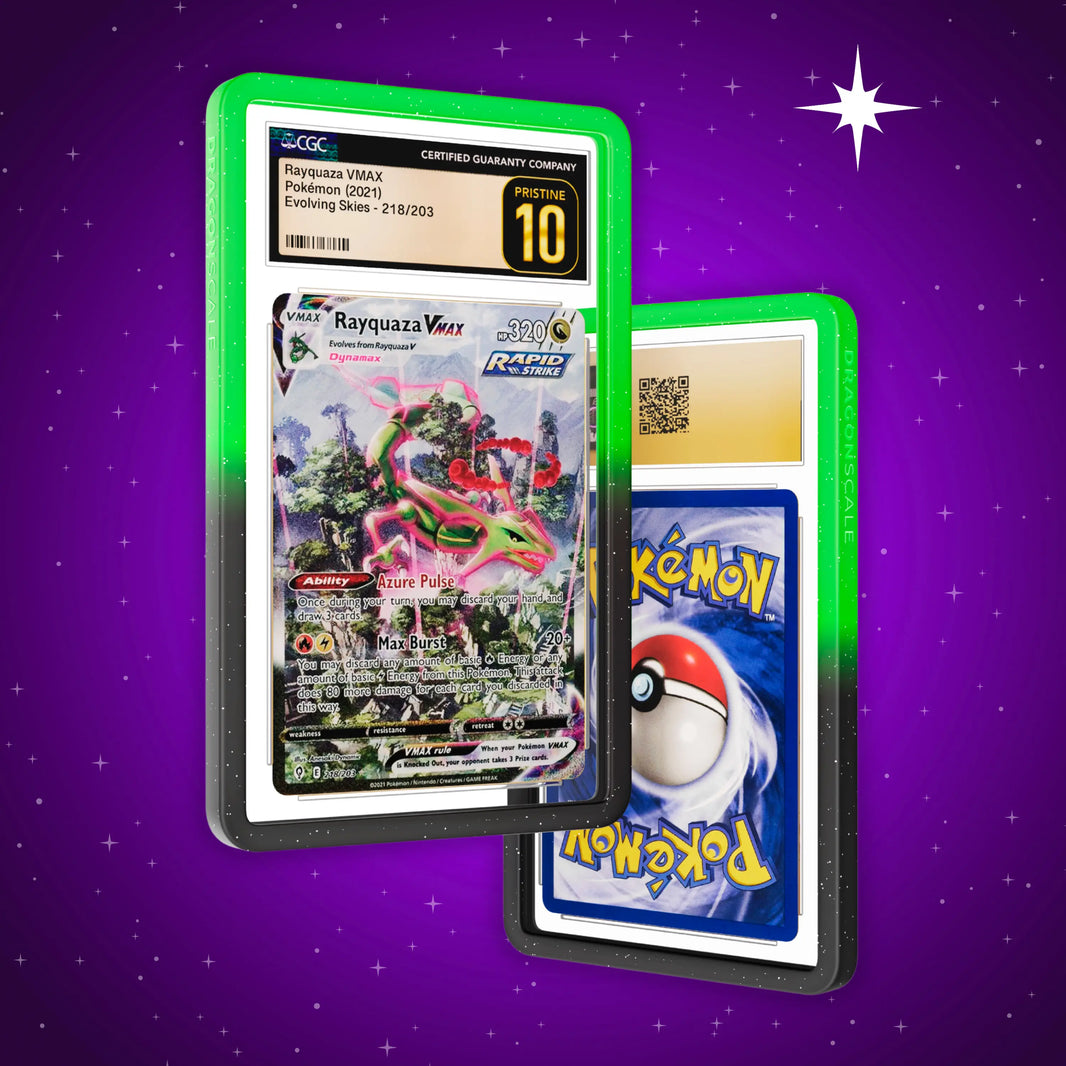 Front and back view of a CGC slab in Radiant Venom Dragonscale bumper guard, featuring a Rayquaza VMAX Evolving Skies CGC 10 Pokemon card.
