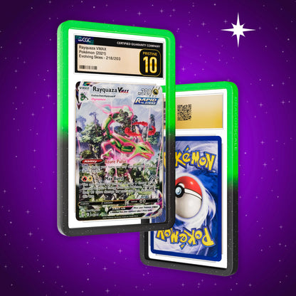 Front and back view of a CGC slab in Radiant Venom Dragonscale bumper guard, featuring a Rayquaza VMAX Evolving Skies CGC 10 Pokemon card.
