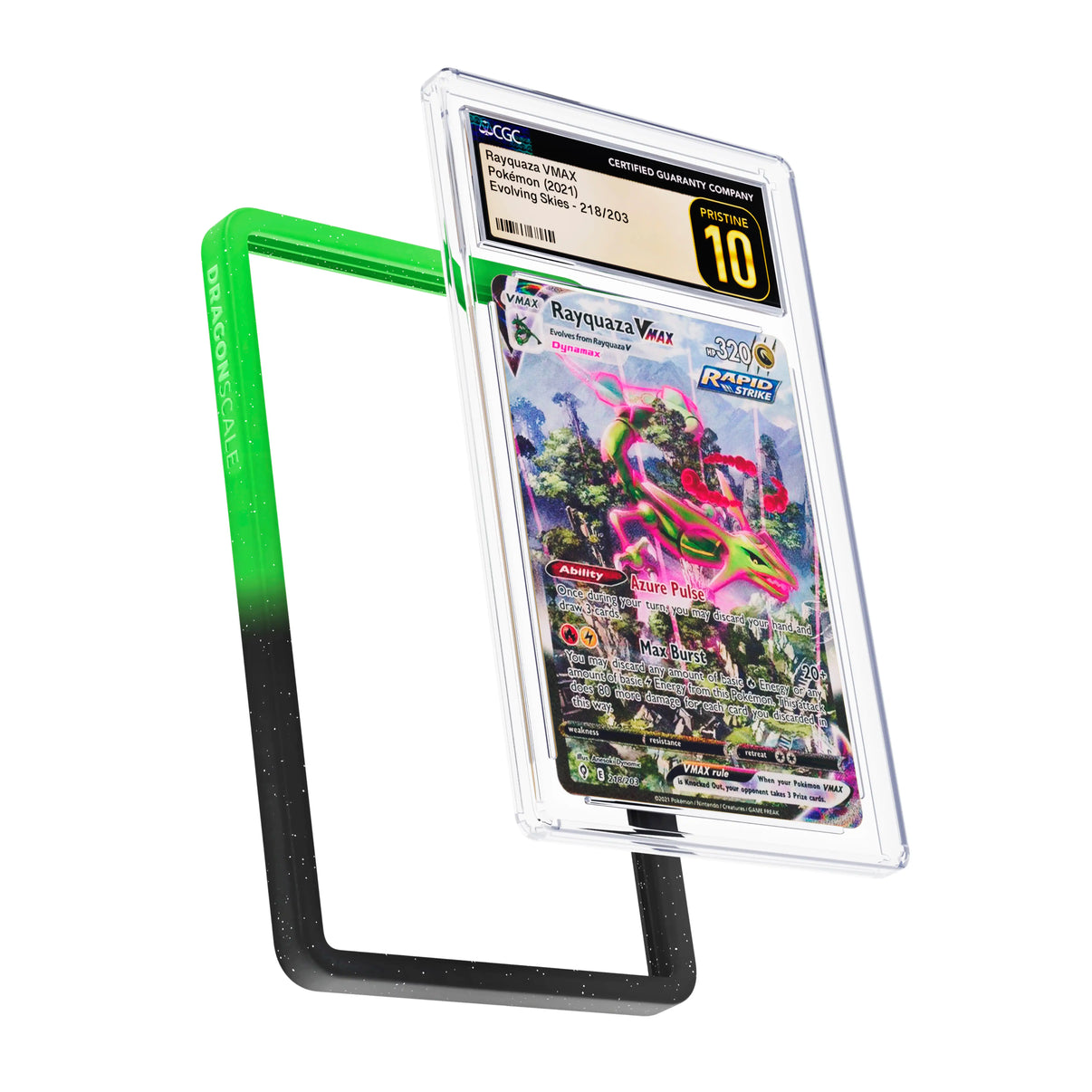 Display and demo view of a CGC slab in Radiant Venom Dragonscale bumper guard, featuring a Rayquaza VMAX Evolving Skies CGC 10 Pokemon card.
