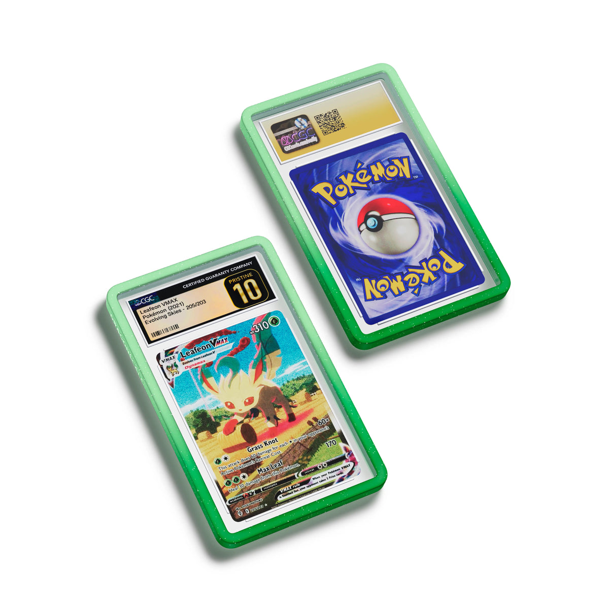 Top-down flat view of a CGC slab in Radiant Verdant Dragonscale bumper guard, featuring a Leafeon VMAX Evolving Skies CGC 10 Pokemon card.