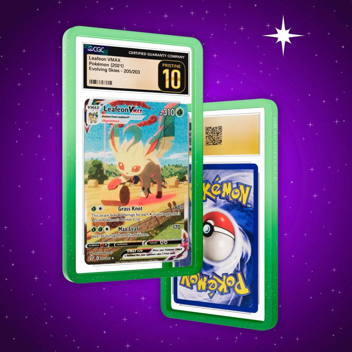 Front and back view of a CGC slab in Radiant Verdant Dragonscale bumper guard, featuring a Leafeon VMAX Evolving Skies CGC 10 Pokemon card.
