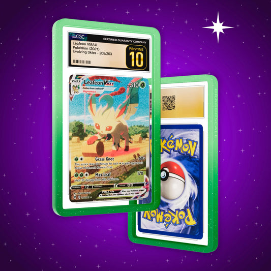 Front and back view of a CGC slab in Radiant Verdant Dragonscale bumper guard, featuring a Leafeon VMAX Evolving Skies CGC 10 Pokemon card.
