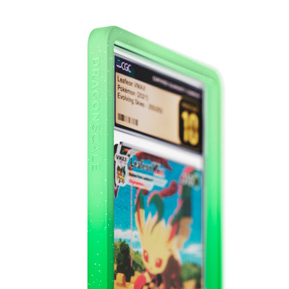 Close up logo zoom view of a CGC slab in Radiant Verdant Dragonscale bumper guard, featuring a Leafeon VMAX Evolving Skies CGC 10 Pokemon card.