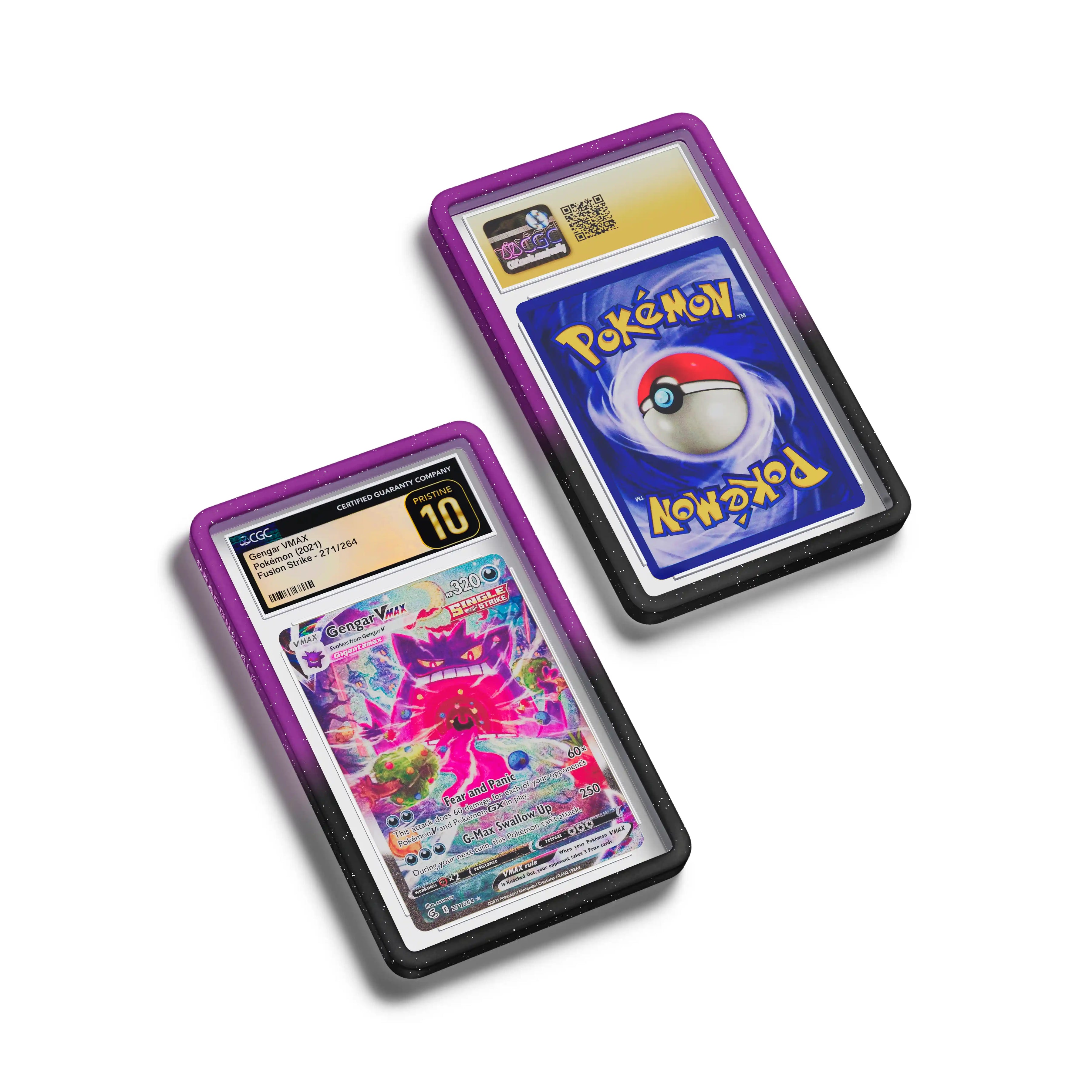 Top-down flat view of a CGC slab in Radiant Void Dragonscale bumper guard, featuring a Gengar VMAX Fusion Strike CGC 10 Pokemon card.
