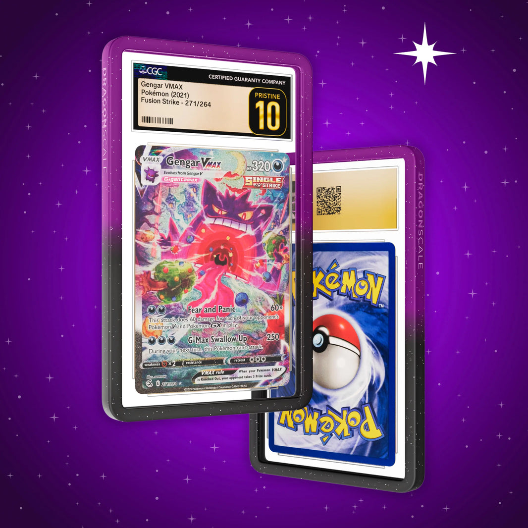 Front and back view of a CGC slab in Radiant Void Dragonscale bumper guard, featuring a Gengar VMAX Fusion Strike CGC 10 Pokemon card.
