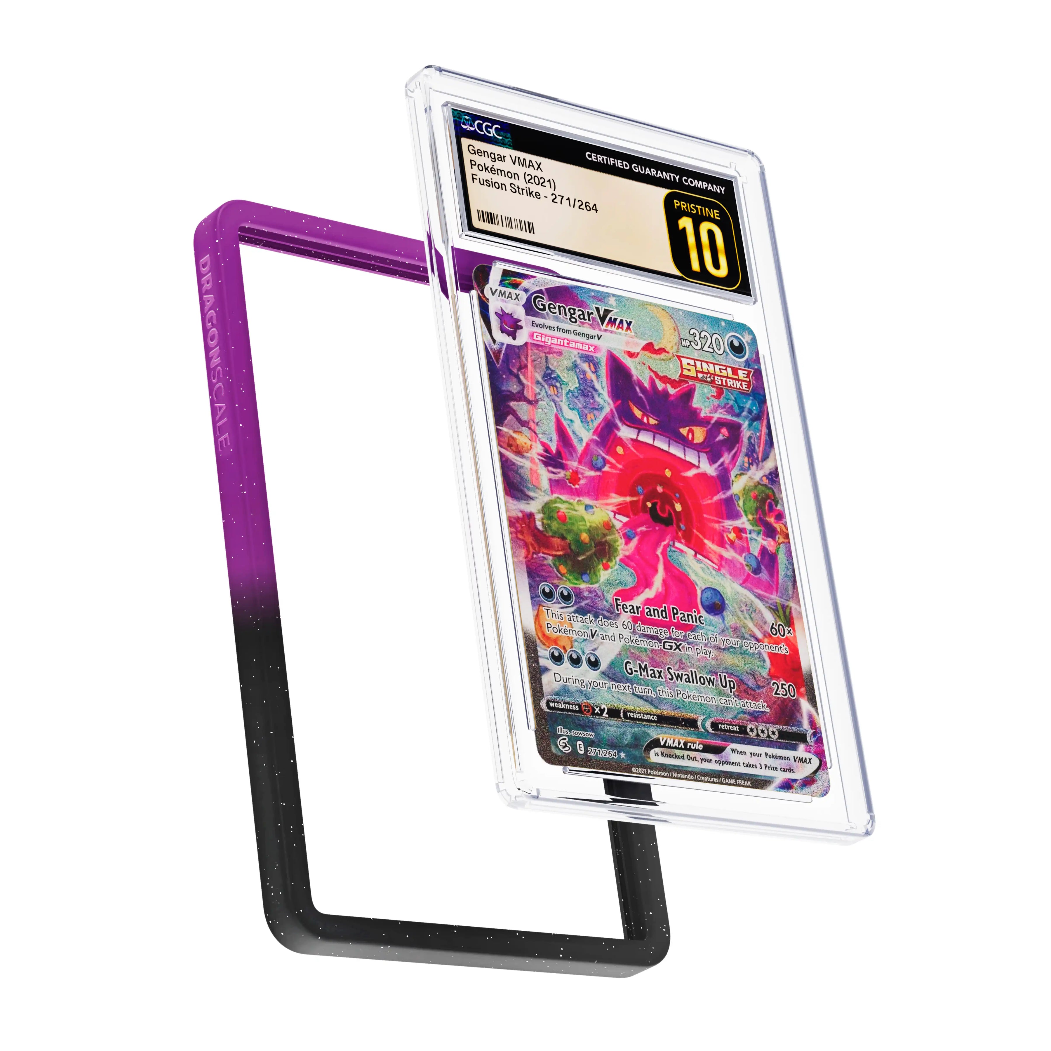 Display and demo view of a CGC slab in Radiant Void Dragonscale bumper guard, featuring a Gengar VMAX Fusion Strike CGC 10 Pokemon card.
