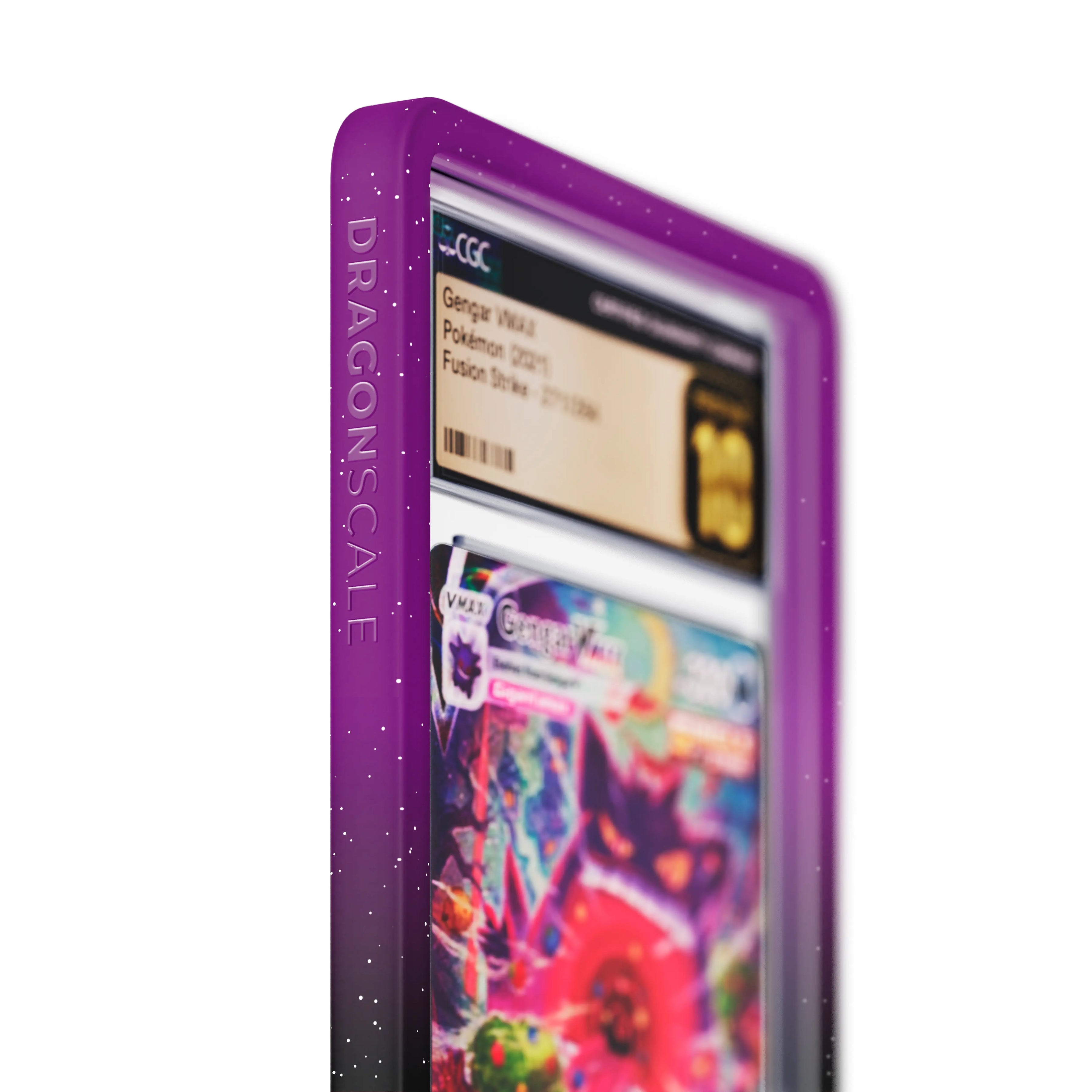 Close up logo zoom view of a CGC slab in Radiant Void Dragonscale bumper guard, featuring a Gengar VMAX Fusion Strike CGC 10 Pokemon card.

