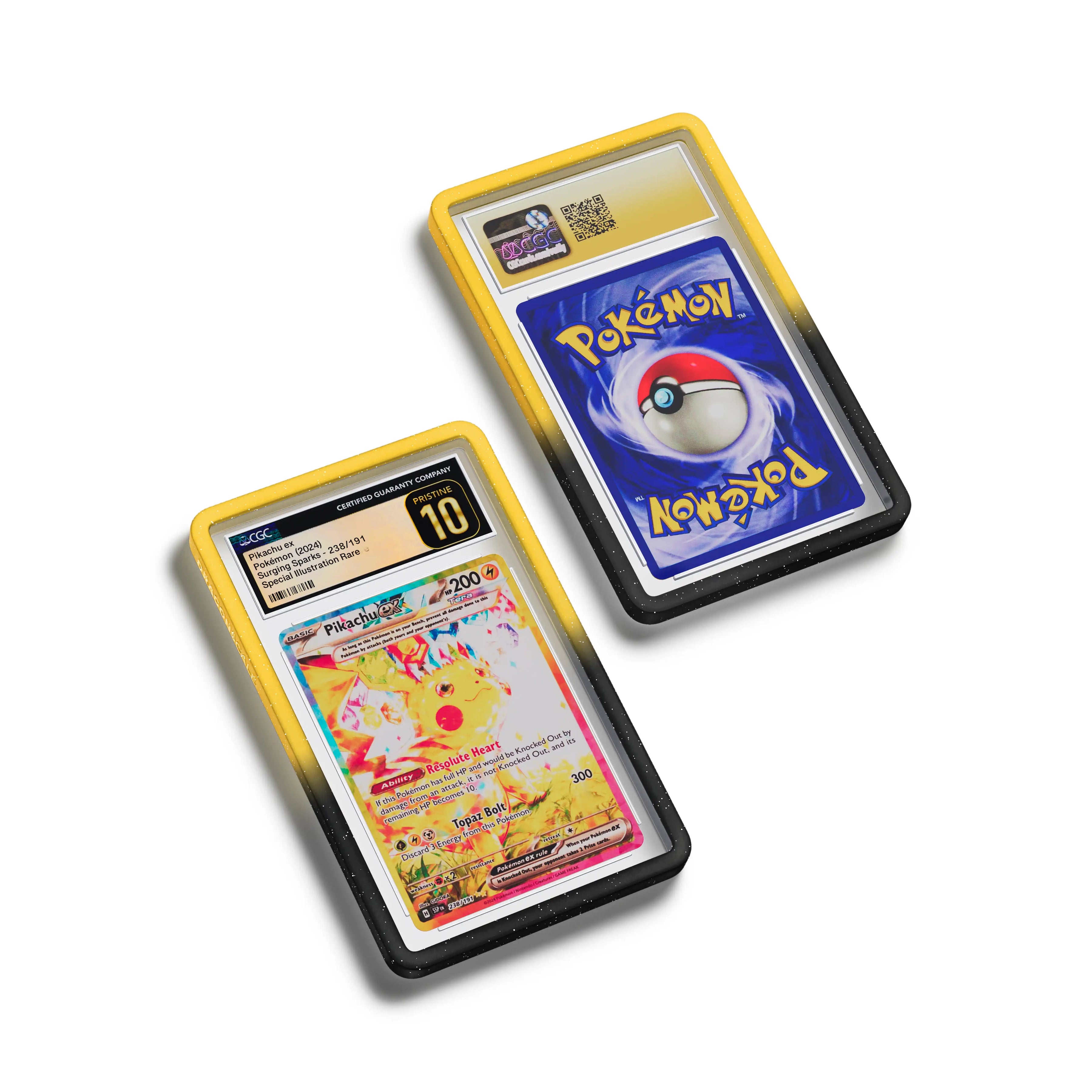 Top-down flat view of a CGC slab in Radiant Voltage Dragonscale bumper guard, featuring a Pikachu Ex Surging Sparks CGC 10 Pokemon card.
