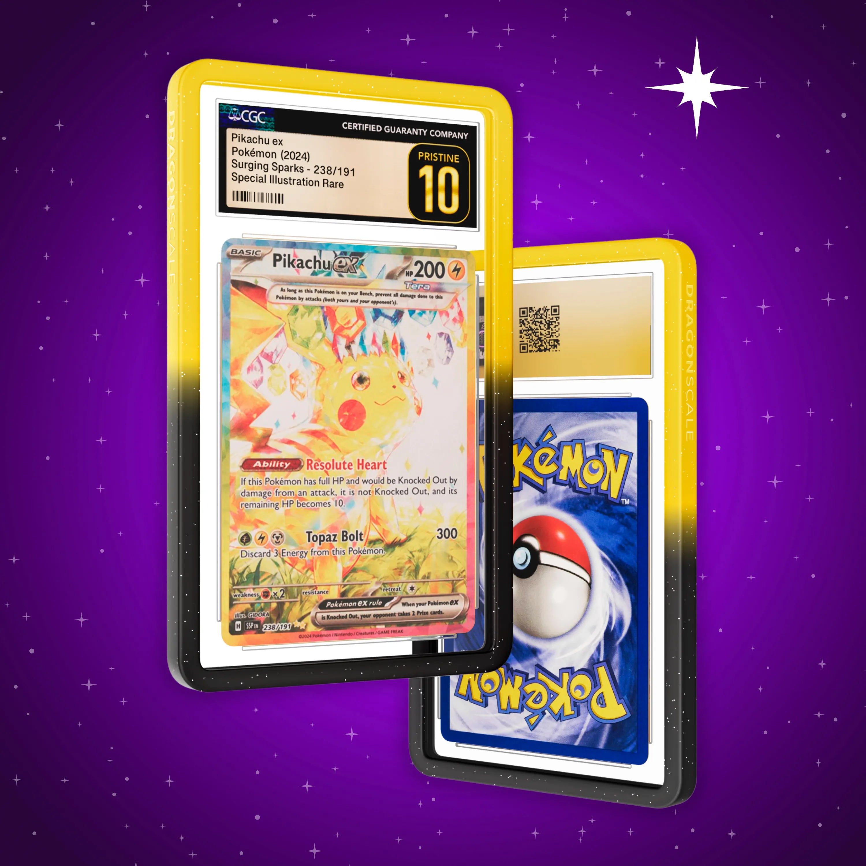 Front and back view of a CGC slab in Radiant Voltage Dragonscale bumper guard, featuring a Pikachu Ex Surging Sparks CGC 10 Pokemon card.
