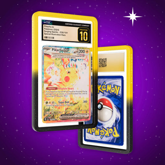 Front and back view of a CGC slab in Radiant Voltage Dragonscale bumper guard, featuring a Pikachu Ex Surging Sparks CGC 10 Pokemon card.
