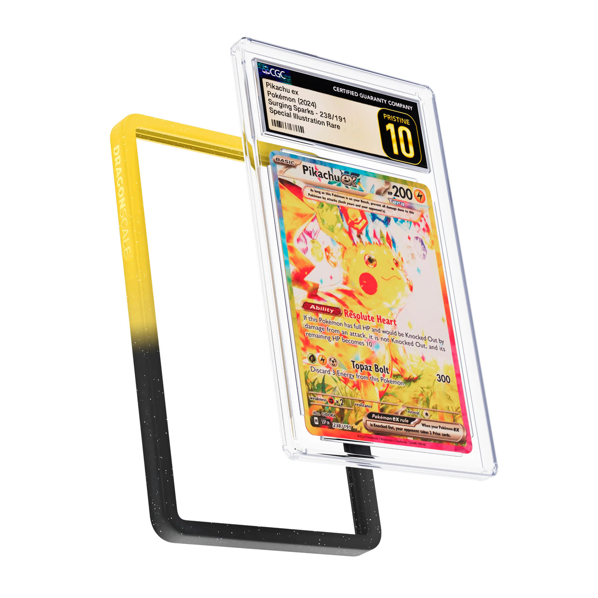 Display and demo view of a CGC slab in Radiant Voltage Dragonscale bumper guard, featuring a Pikachu Ex Surging Sparks CGC 10 Pokemon card.
