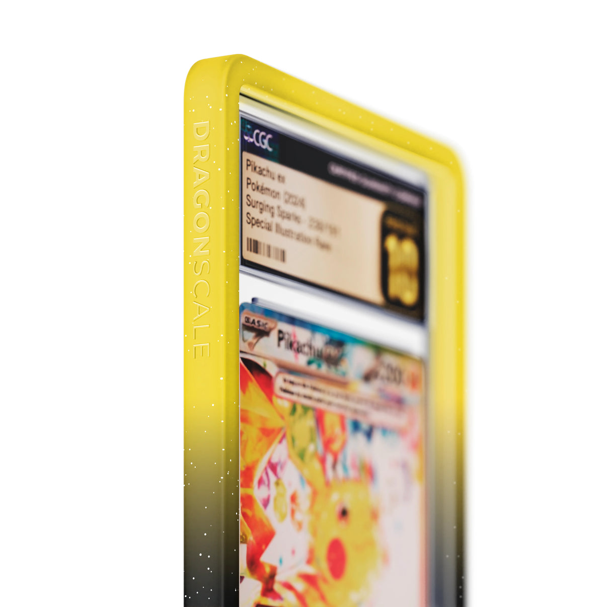 Close up logo zoom view of a CGC slab in Radiant Voltage Dragonscale bumper guard, featuring a Pikachu Ex Surging Sparks CGC 10 Pokemon card.
