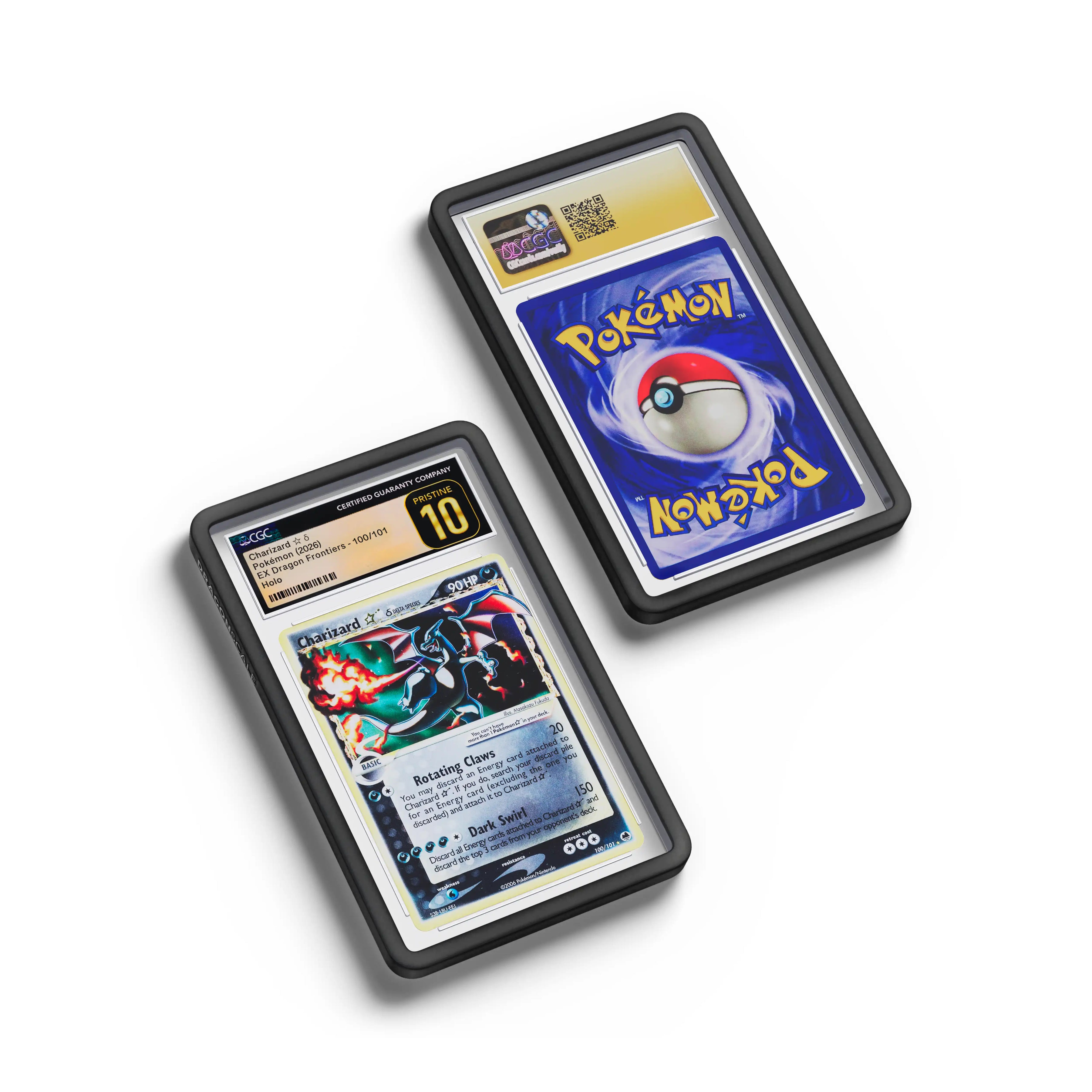 Top-down flat view of a CGC slab in Solid Black Dragonscale bumper guard, featuring a Charizard Gold Star Ex Dragon Frontiers CGC 10 Pokemon card.
