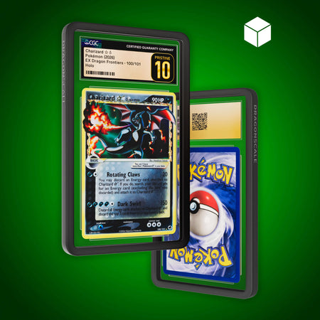 Front and back view of a CGC slab in Solid Black Dragonscale bumper guard, featuring a Charizard Gold Star Ex Dragon Frontiers CGC 10 Pokemon card.
