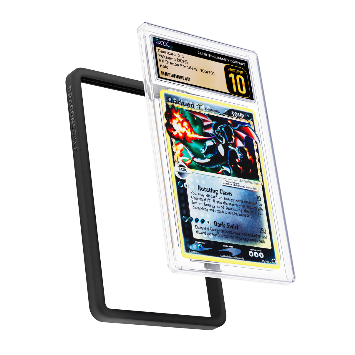 Display and demo view of a CGC slab in Solid Black Dragonscale bumper guard, featuring a Charizard Gold Star Ex Dragon Frontiers CGC 10 Pokemon card.
