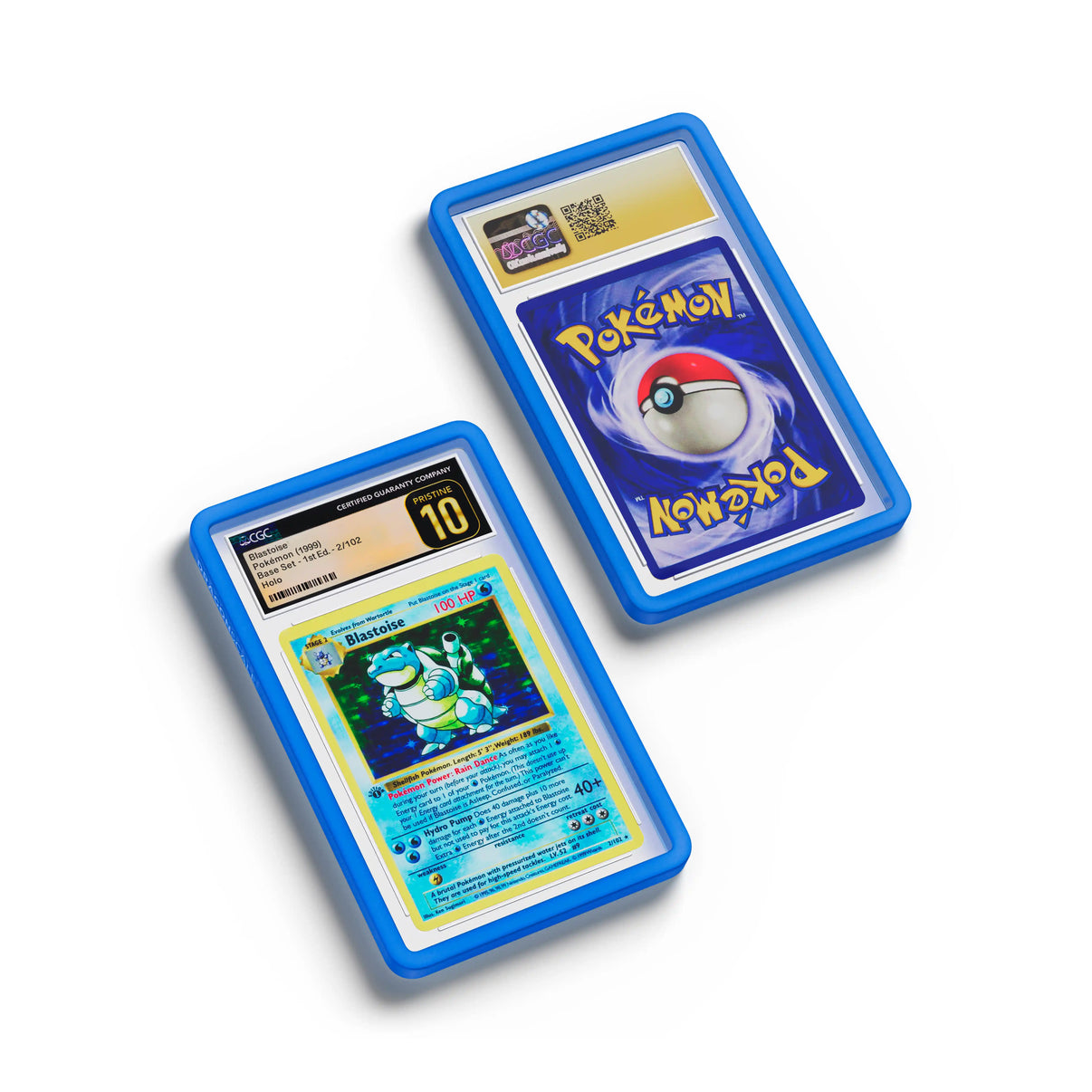 Top-down flat view of a CGC slab in Solid Blue Dragonscale bumper guard, featuring a Blastoise 1st Edition Base Set CGC 10 Pokemon card.

