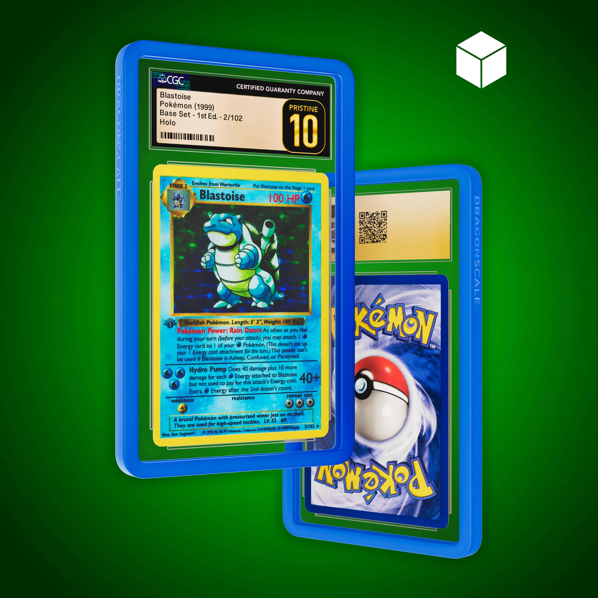Front and back view of a CGC slab in Solid Blue Dragonscale bumper guard, featuring a Blastoise 1st Edition Base Set CGC 10 Pokemon card.
