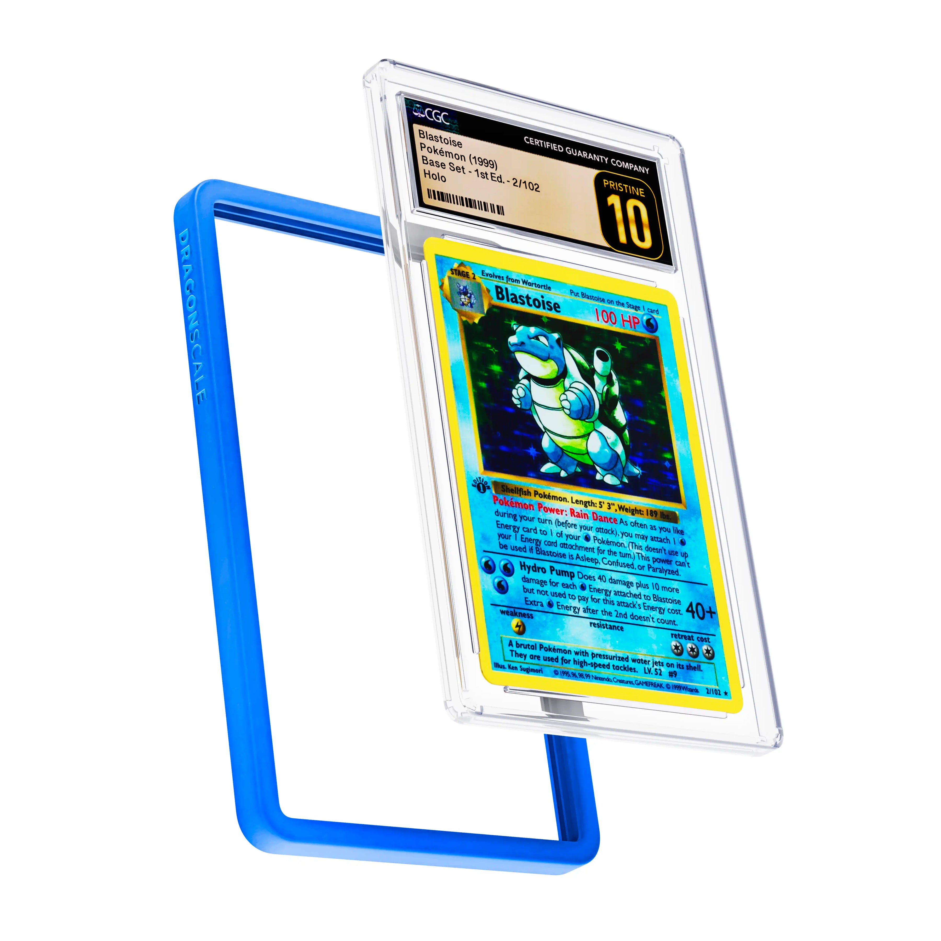 Display and demo view of a CGC slab in Solid Blue Dragonscale bumper guard, featuring a Blastoise 1st Edition Base Set CGC 10 Pokemon card.
